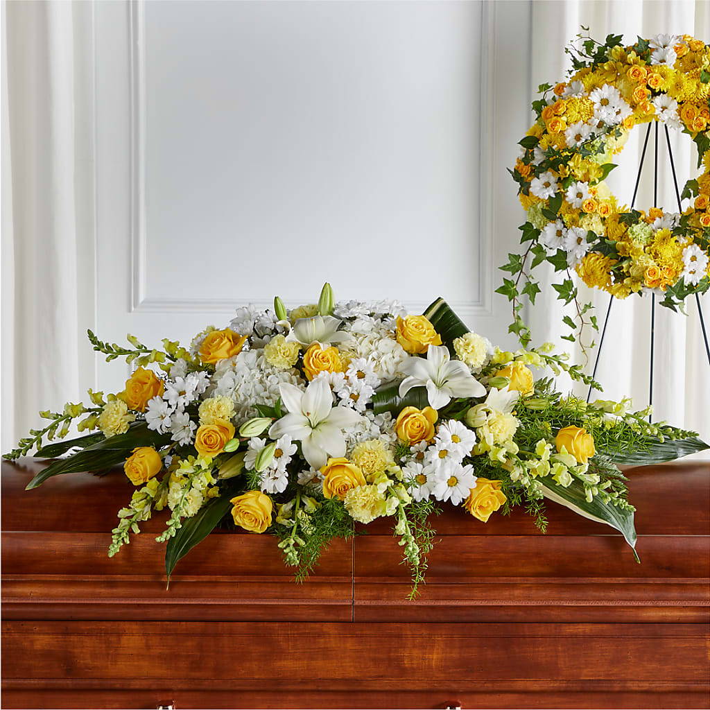 Golden Harmony Casket Spray – MC INERNEY'S FLOWER SHOP & GREENHOUSE, Middletown CT