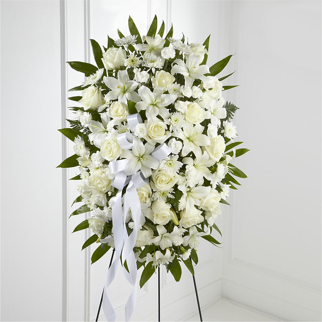 Exquisite Tribute Standing Spray-White Ribbon – MC INERNEY'S FLOWER SHOP & GREENHOUSE, Middletown CT