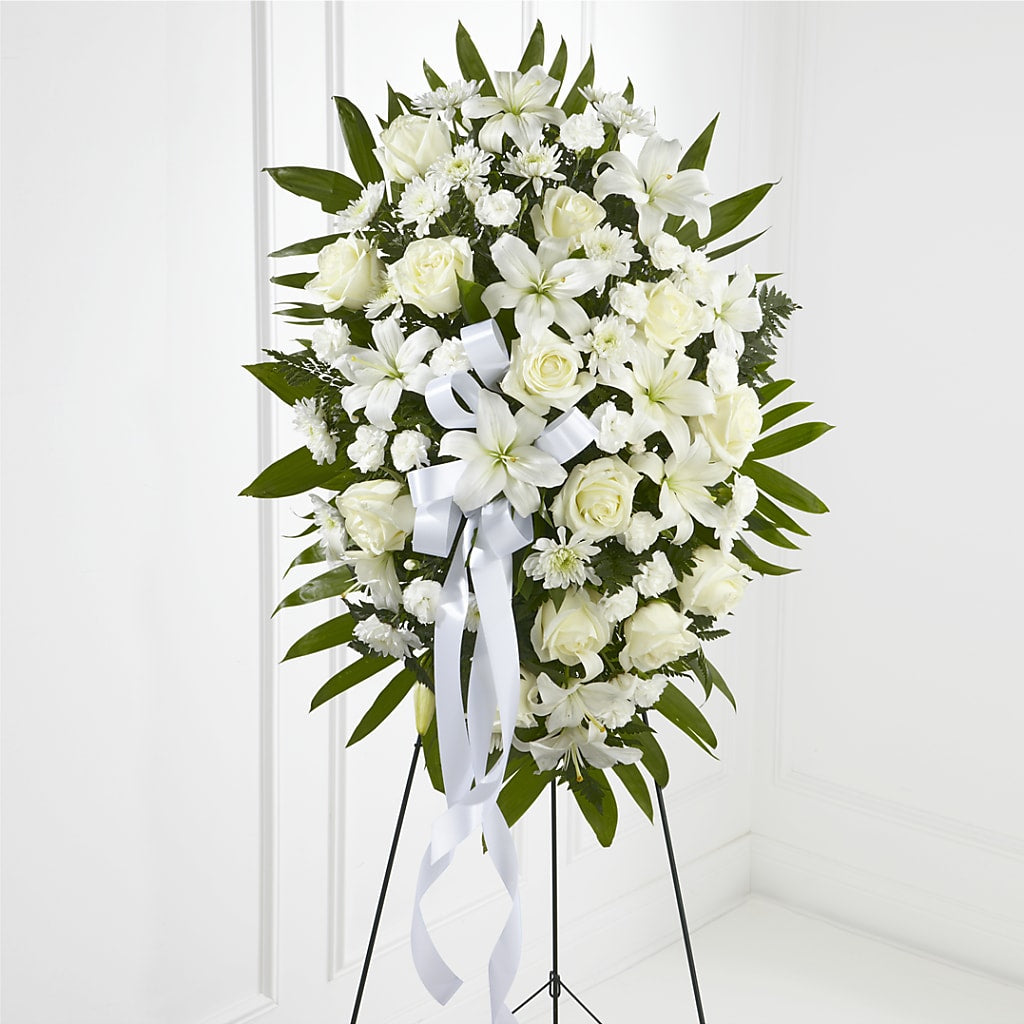 Exquisite Tribute Standing Spray-White Ribbon – MC INERNEY'S FLOWER SHOP & GREENHOUSE, Middletown CT